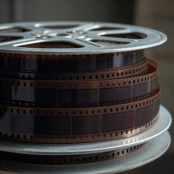 Detail of mechanical cinema reels showing spooled film emulsion in natural lighting