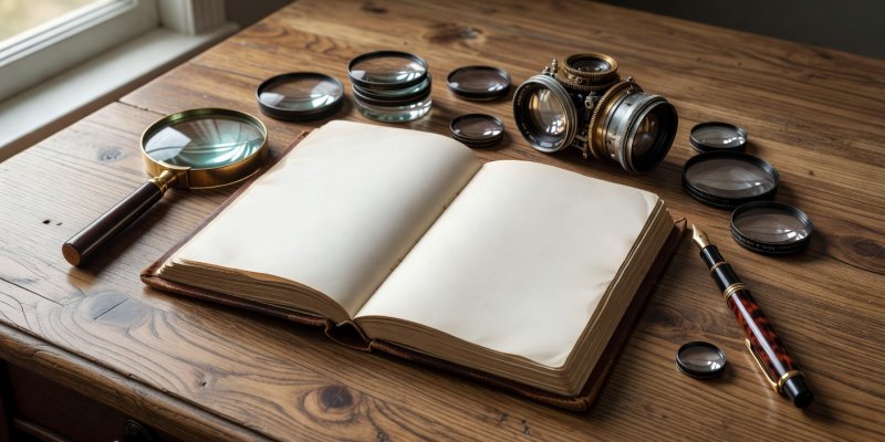 Screening diary open on oak desk surrounded by optical lenses and fountain pen